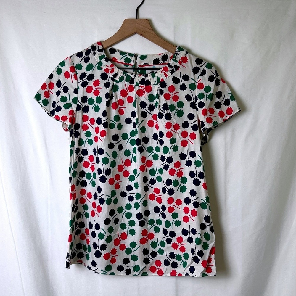 Boden Womens Silk Blend Clover Floral Ruffle Neck Blouse Size 6 White Pink Green